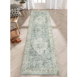 LIVEBOX Washable 2.5x8 Runner Rugs for Entryway Bathroom, Boho Kitchen Floor Mats Long Rug Runners for Hallways Non Slip, Farmhouse Low-Pile Carpet Runners for Laundry Room, Sage Green