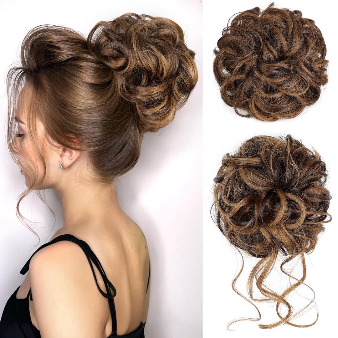HMD 2PCS Messy Bun Hair Hairpiece Hair Extension with Elastic Rubber Band Updo Messy Bun Hair Extension Ponytail Curly Wavy Fake Hair for Women
