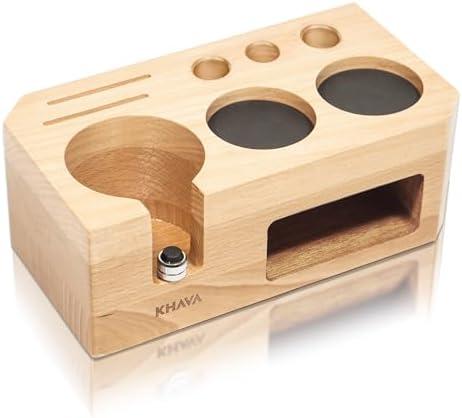 KHAVA Espresso Tamping Station | Wooden Coffee Tamper Station 58 mm | Espresso Organizer & Portafilter Holder | Coffee Station Organizer for Countertop | Espresso Accessories for Coffee Bar, Natural