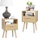 Finnhomy Nightstands Set of 2, End Table, Nightstand, Side Table with Hand Made Rattan Decorated Drawers, Wood Accent Table with Storage for Bedroom, Natural
