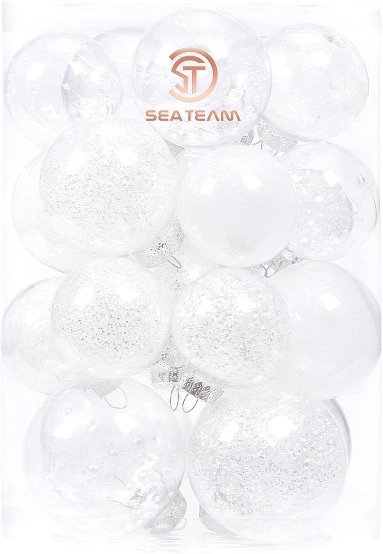 Sea Team Christmas Baubles Set Clear Plastic Shatterproof Multi-Size Decorative Christmas Baubles with Stuffed Delicate Decorations (25 Pieces, White)