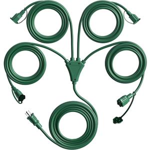 Eversimpleinc 1 to 4 Splitter Extension Cord (Combined 46 FT, End to End 28 FT), 3 Prong Plug with 4 Extended Outlets, with Weatherproof Covers for Indoor and Outdoor (Green)