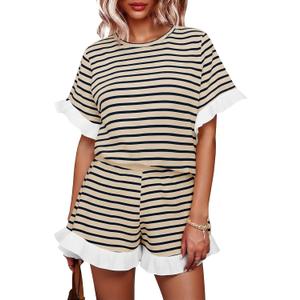 Tankaneo Womens 2 Piece Striped Shorts Set Ruffle Short Sleeve Tops Hight Waist Shorts Matching Sets Summer Vacation Outfits (Beige)