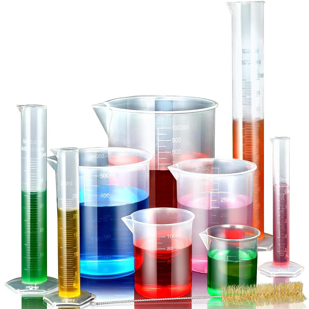 Plastic Graduated Cylinder and Plastic Beakers Set - Beakers 50ml 100ml 250ml 500ml 1000ml, Graduated Cylinder 10ml 25ml 50ml 100ml, Ideal for Home and School Science Lab