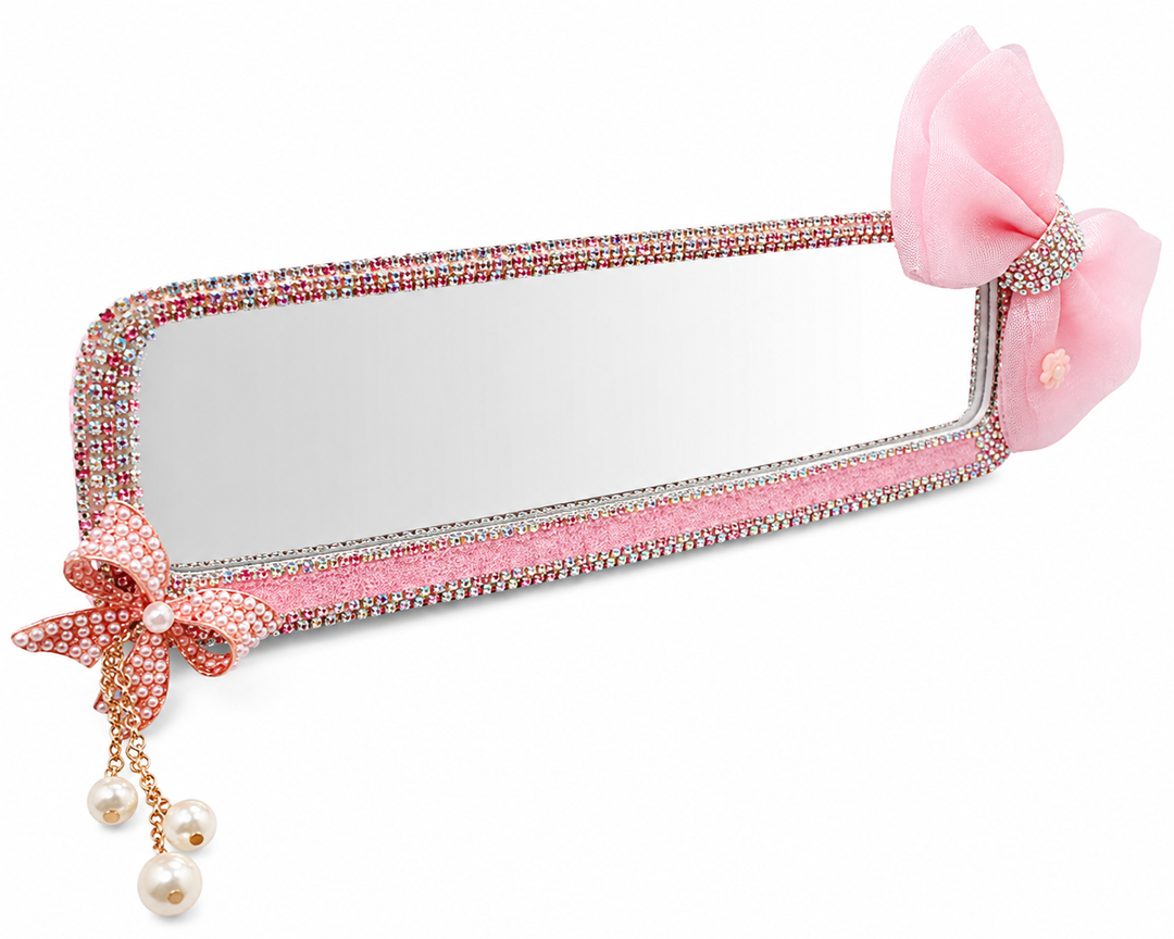 Car Rearview Mirror with Cute Bow-knot Rhinestone Car Interior Rearview Mirror Decoration for Girls Bling Auto Accessories - Pink 1