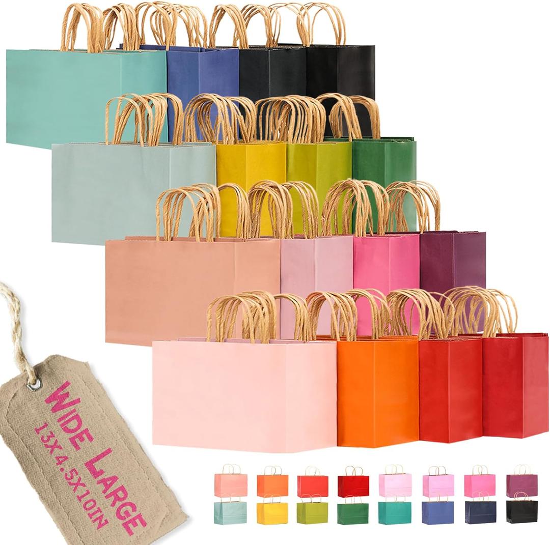 Qiqee 100Pcs Wide Large Paper Gift Bags with Handles - 13"x4.5"x10" Kraft Small Party Bags - 16 Solid Colors
