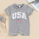 COORALLY 4th of July Baby Boy Girl Outfit Fuzzy Letter Flag Embroidery Rompers Crew Neck Short Sleeve Bodysuits (Gray, 6-12 Months) (Gray)