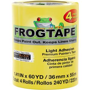 FrogTape Delicate Surface Painters Tape with PAINTBLOCK, 1.5 Inch Wide (1.41 In. x 60 Yds), Low Adhesion, Ideal for Freshly Painted Walls, Trim & Surfaces, Yellow, 4 Rolls (240662)