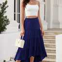 PRETTYGARDEN Women's Ditzy Floral Print Midi Skirt Boho Elastic High Waist Long Skirts for Women Trendy High Low Hem (Brown, S)