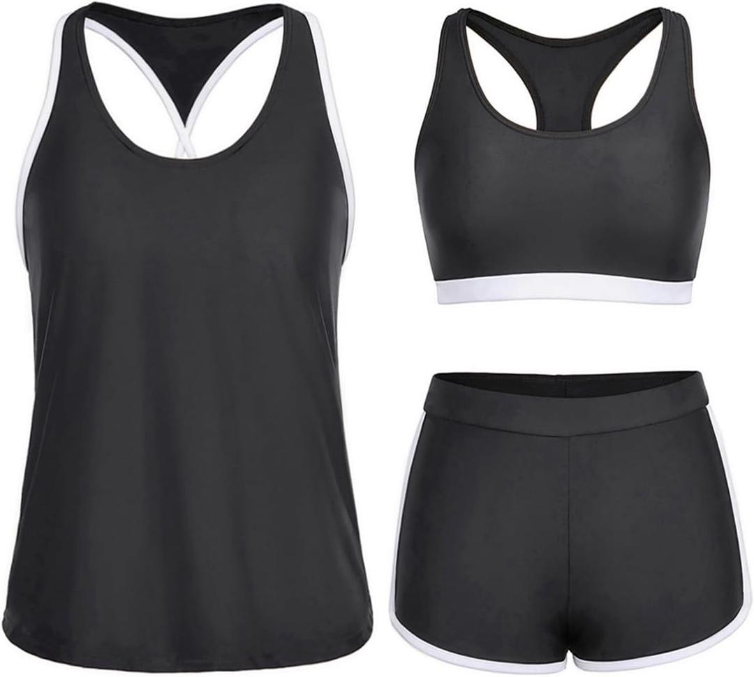 Yonique 3 Piece Athletic Tankini Swimsuits for Women with Shorts Swim Tank Tops with Sports Bra and Boyshorts Bathing Suits (X-Large, Black White)