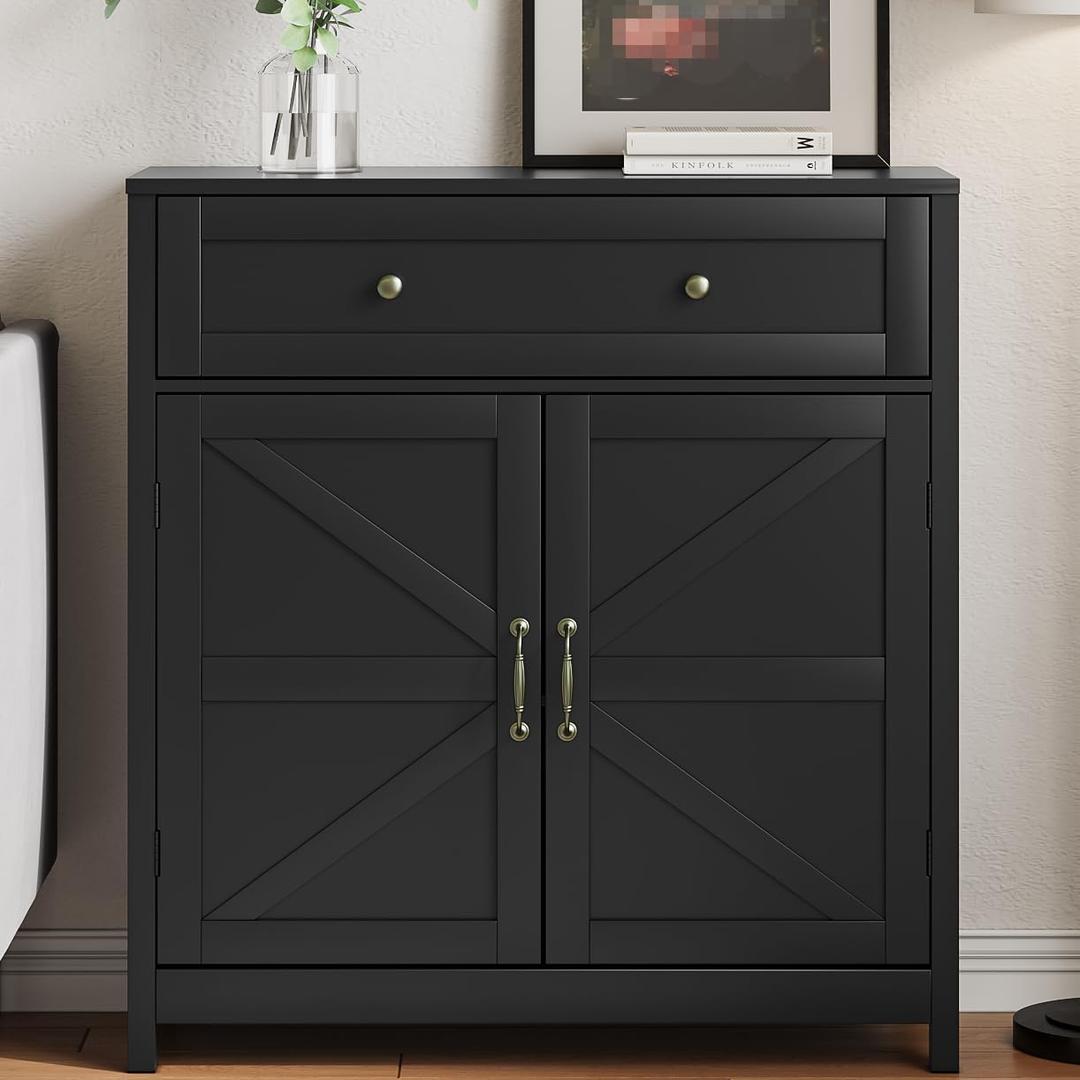 Buffet Sideboard with 2 Barn Doors,Black Kitchen Cabinet with Adjustable Shelf, Freestanding Floor Storage Cabinet, 30 inches x 12 inches x 34.5 inches
