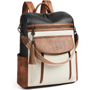 Shrrie Laptop Backpack for Women 15.6 inch,Travel Leather Backpack Purse Nurse Teacher Carry on Backpack Computer Bag, Professional Water-Resistant College Business Work Casual Daypack, Two-tone Maroon (Black With Brown and White)