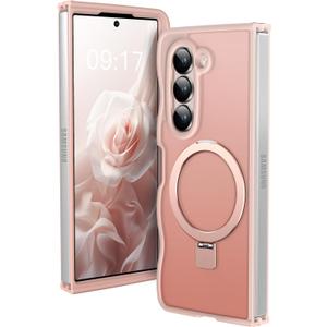 [Magnetic Stand & Wave Frame] Case for Samsung Galaxy Z Fold 6 [Fit for MagSafe] [Military Drop Protective] Not Yellowing Translucent Z Fold 6 Phone Ring Cover for Women Men 7.6" Pink