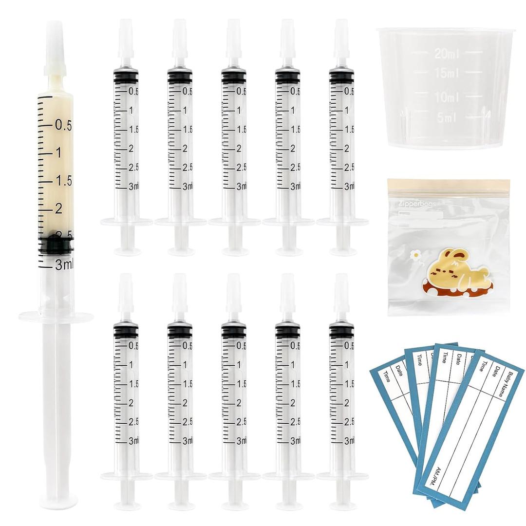 50 Sets Colostrum Syringes,3mL Colostrum Collector Kits Include 50PC 3ml Sterile Syringe with Cap, Sticker, Clear ziplock Bag and a Measuring Cup