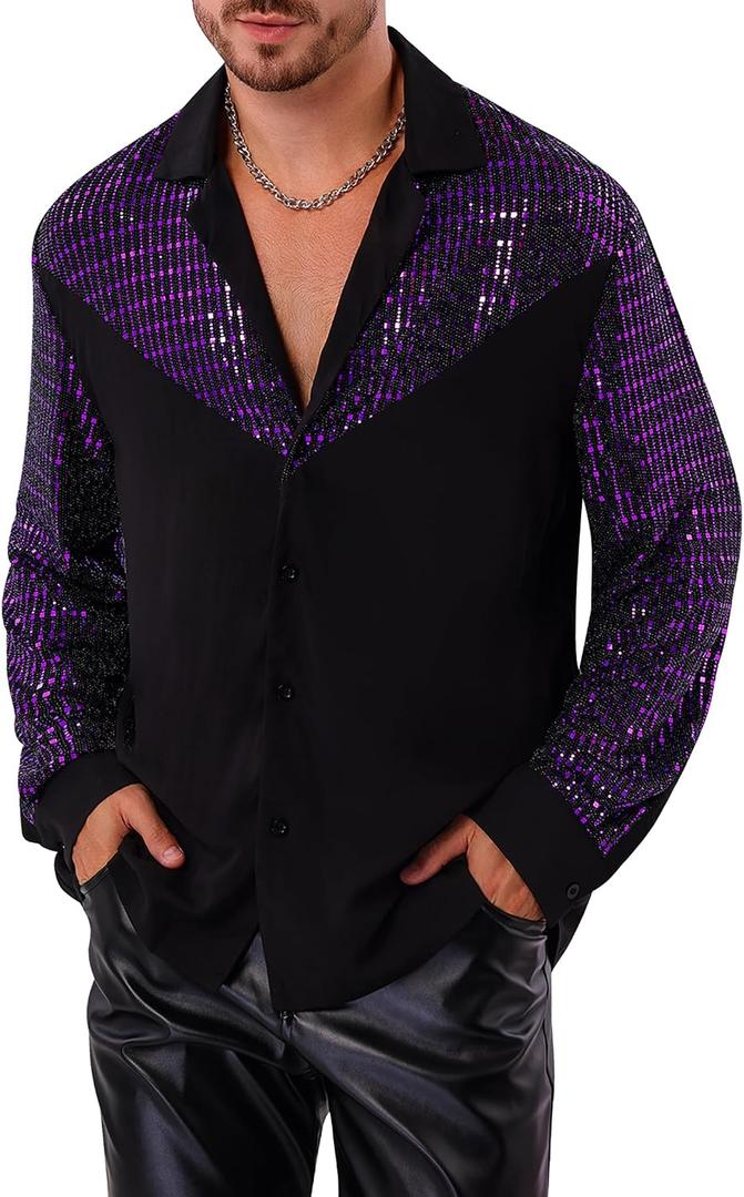 Men's 70s Shirt Long Sleeve Button Down Sequins Glitters Shirts Rave Party Nightclub Shirts, Medium