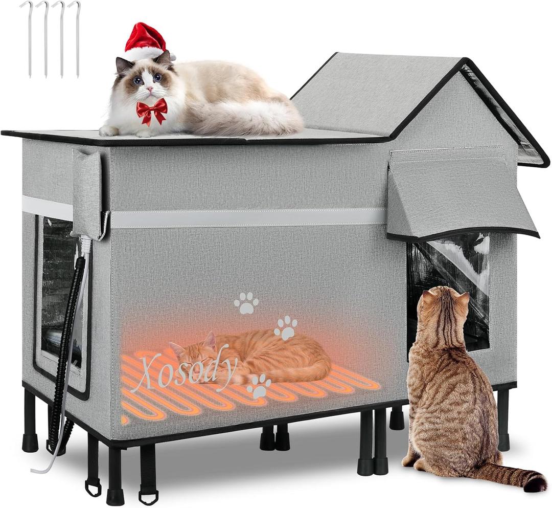 Heated Cat House for Outside Cats- 100% Weatherproof Insulated Outdoor Cat House with Heating Pad, Elevated Base & Safe Escape Door, Warm Kitty Shelter for Feral or Stray Cats in Winter (Grey)