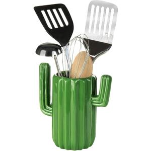 MyGift Ceramic Cactus Utensil Holder, Southwestern Green Countertop Crock  Durable Kitchen Organizer for Spoons, Paintbrushes, Desert & Cactus Home Decor