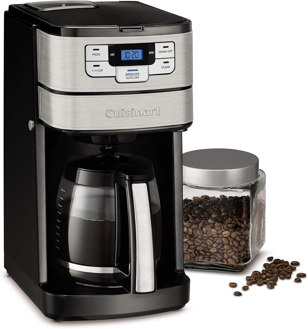 Cuisinart Automatic Grind & Brew 12-Cup Coffee Maker with Blade Grinder, Programmable Coffee Machine Glass Carafe with 1-4 Cup Setting, Brew Pause, Grind-Off Option, DGB-400NAS, Black/Stainless Steel