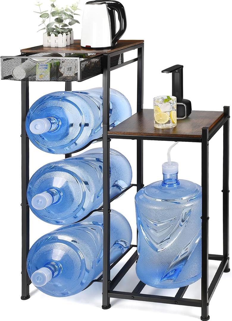 CAROD 5 Gallon Water Jug Holder with Drawers, Heavy Duty Water Jug Stand with Water Dispenser Stand, 5 Gal Water Bottle Holder Water Cooler Jug Rack with 2 Wood Storage Shelves