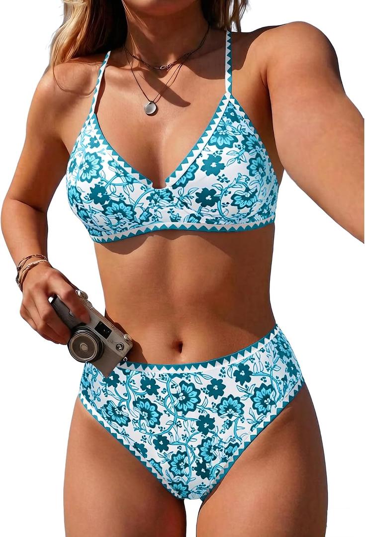 Jolefille Women High Waisted Bikini Sets-Tummy Control Swimsuit 2 Piece Bathing Suit Full Coverage Teens Underwire Top Floral (XL)