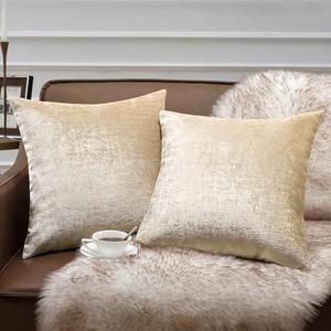 Phantoscope Pack of 2 Sparkling Velvet Decorative Solid Throw Decorative Pillow Cover Soft Gold Glitter Square Cushion Cover Pillowcase for Couch Bed and Chair, Beige, 18 x 18 inches, 45 x 45 cm