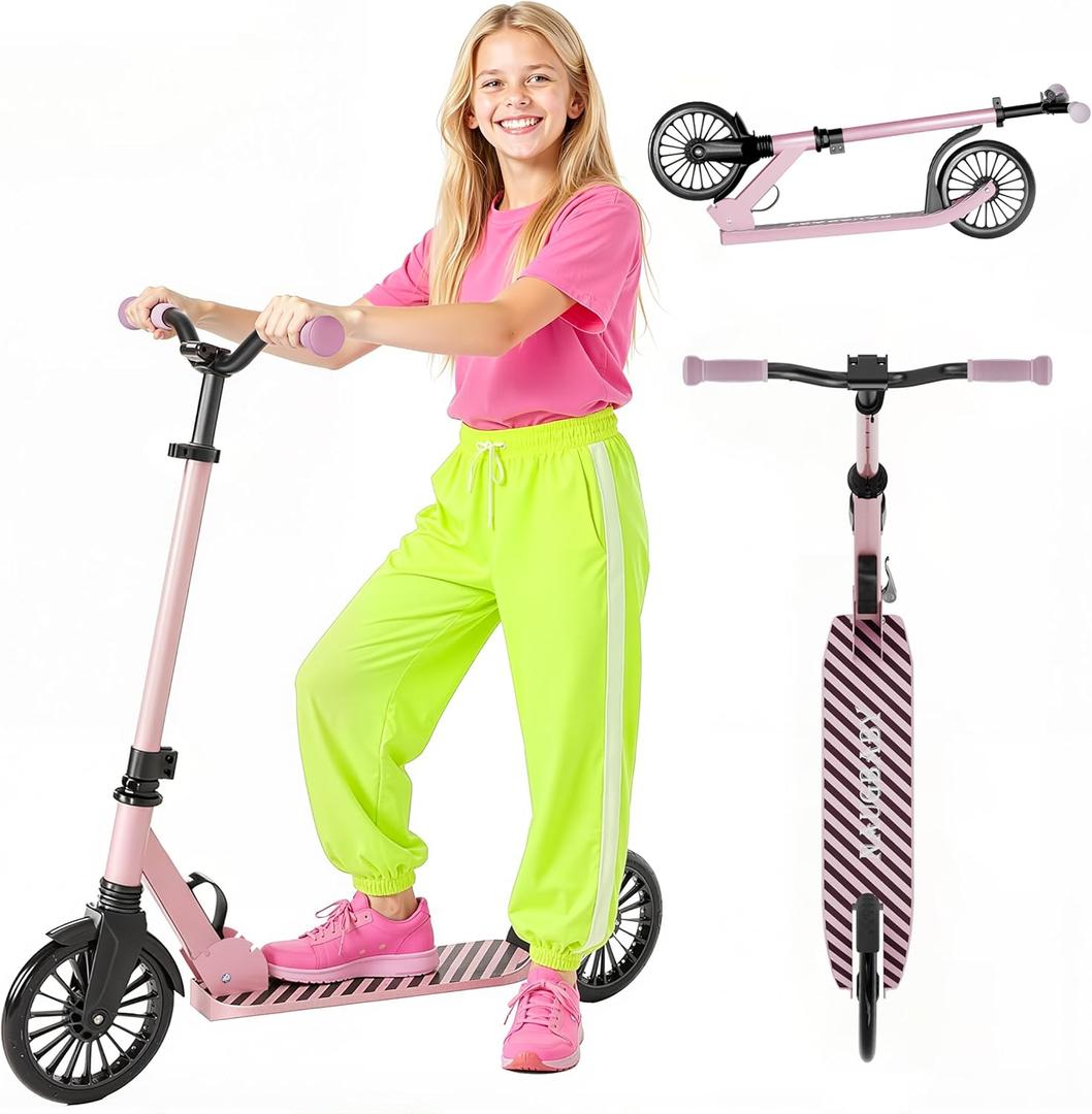 Scooter for Kids, Lightweight Foldable Kick Scooter, 4-Level Adjustable Handlebar, 8-Inch Large Wheels with Shock Absorption, for Ages 6 and Up (Light Pink)