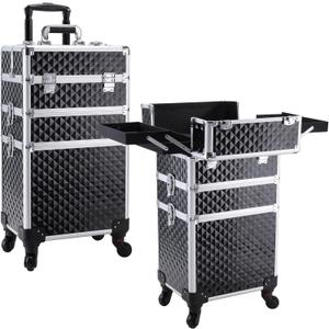 FRENESSA 3 in 1 Rolling Makeup Train Case Professional Cosmetic Trolley Large Storage with Keys Swivel Wheels Salon Barber Case Traveling Cart Trunk for Make Up Hairstylists Nail Tech, Vintage Black (EXP 02/04/26)