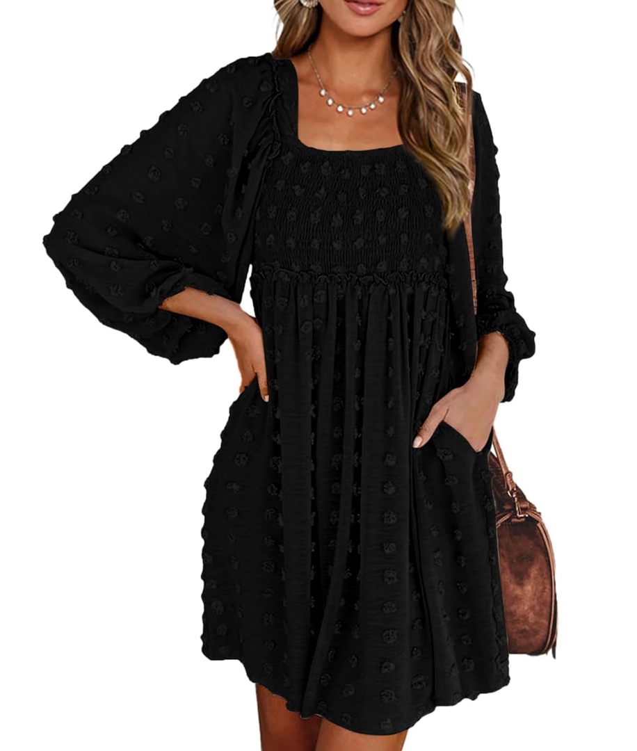 BTFBM Womens Long Sleeve Dress Vacation Square Neck Smocked Floral Swiss Dot Mini Boho Fall Wedding Guest Dresses 2025 L