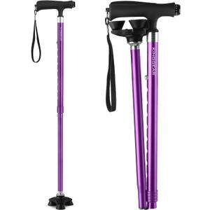 KINGGEAR Walking Cane for Women & Men, Adjustable Lightweight LED Walking Stick with Autonomous Standing, Large Sturdy 360 Swivel Base Crutches Cane for Senior
