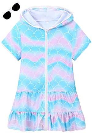 LUCKYGAL Girls Swim Cover Up Kids Swimsuit Coverup Terry Zip-Up Beach Bathing Suit Wraps with Sunglasses, Size 6