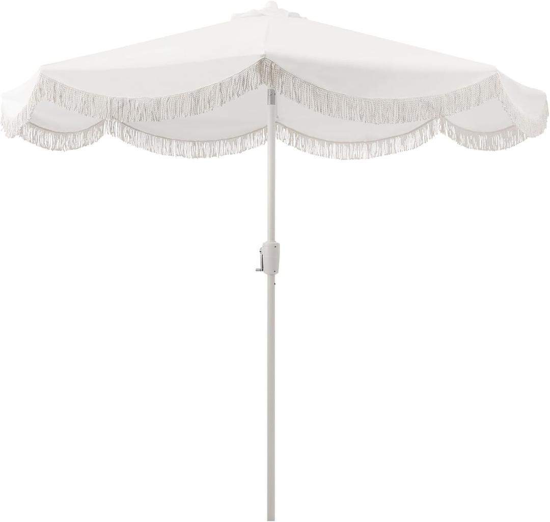 Tempera 9ft Auto Tilt Scalloped Patio Umbrellas with Fringe, Outdoor Table Umbrellas with Fade Resistant Canopy, 8 Sturdy Rids, Luxurious Vintage Umbrellas for Lawn, Pool, Deck, Balcony