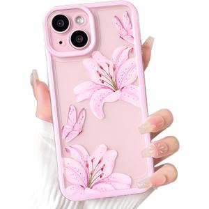 NITITOP Compatible with iPhone 15 Case Cute Durable Lily Flower Floral Butterfly Pattern for Women Girls Color Frame Slim Shockproof Protective Phone Cover - Pink