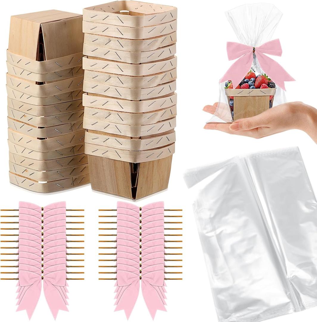Kigley 24 Set Wooden Gift Baskets Empty Small Gift Basket with Cellophane Bags Bows Basket Kit for Easter Spring DIY Picking Fruit Birthday Baby Shower Wedding Bow Party (4 Inch,Pink)
