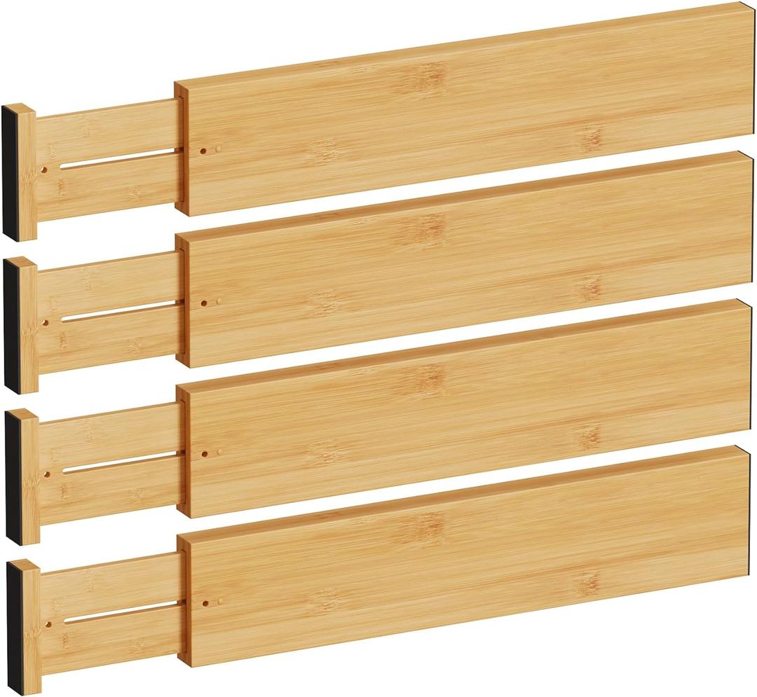 BAMEOS 4" High Drawer Dividers Bamboo Separators Organization Expandable Organizers for Kitchen Bedroom Bathroom Dresser Office 4-pack (Natural)