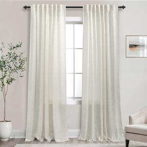 Mrs.Naturall Cream Back Tab Linen Blend Sheer Curtains for Living Room 52 by 92