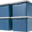 IRIS USA File Box Plastic File Organizer for Letter/Legal File, Document Box, Durable Storage Bin Tote with Secure Latching Lid, Stackable, BPA-Free, Eco Friendly, Sustainable, Navy/Gray 35 Qt. 4 Pack