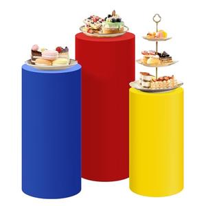 SaitiMade Set of 3 Red Yellow Blue Cylinder Pedestal Stand Covers, 3pcs Spandex Mixed Colors Cylinder Stand Covers for Party, Wedding or Birthday Event Decor (Only Contains Colorful Cylinder Covers)