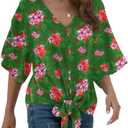 VIISHOW Womens Tie Front Chiffon Blouses V Neck Batwing Short Sleeve Summer Tops Shirts (Green, XL)
