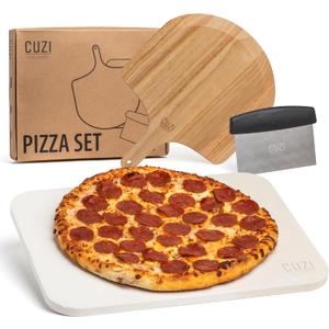 Cuzi Gourmet 3-Piece Pizza Stone Set - 15x12" Thermal Shock Resistant Cordierite Pizza Stone, 15x12" Natural Wood Pizza Peel & Pizza Cutter - Pizza Stone for Grill and Oven (Medium)