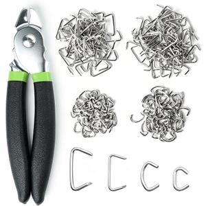 Straight Hog Ring Pliers Kit with 240 Galvanized Hog Rings, 3/8", 1/2", 3/4", 1", for Auto Upholstery, Fencing, Pet Cages