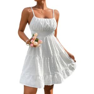 Floerns Women's Swiss Dots Sleeveless Ruched Bust Ruffle Hem Cami Short Dress (Large, White)