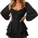 Fixmatti Black Long Sleeve Romper for Women Boho Boat Neck Tie Waisted Mini Shorts Jumpsuits XL