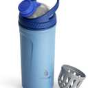 Ideus Protein Shaker Bottle 24oz(710ml) Insulated Stainless Steel Shaker Bottle with Silent Tritan Ball Portable Pre Workout Shaker Cups for Protein Shakes, Smoothies, Cocktails, Blue