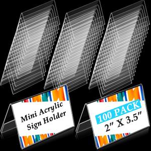 Fulmoon 100 Pcs Mini Acrylic Sign Holder, 2 x 3.5 Inches Small Clear Sign Display Holder Acrylic Name Plate for Desk Horizontal Nameplate V Shaped Display for Office School Store Business