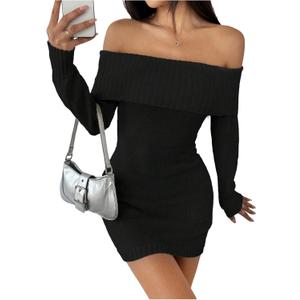 GORGLITTER Women's Off The Shoulder Sweater Dress Folded Neck Long Sleeve Knitted Bodycon Mini Dresses Fall Trendy (Black, S)
