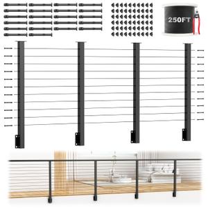 12-20ft Complete Set 36" Side Mount Level Railing Post Kit, 4 Pack Black Fascia Mount Level Drilled Post, 250ft 1/8" Stainless Steel Cable(No Handrail), Swageless Cable Railing Kit, MY10-LP