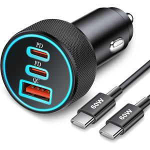 67W 3-Port Super Fast Type C Car Charger USB C for Samsung Galaxy S25 S24 S23 S22 S21 Ultra, iPhone 16/15 Pro Max, Pixel, Android, PD/QC Car Phone Adapter Accessories for Men Women + 3FT USB-C Cable