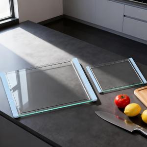 Tempered Glass Cutting Board Set for Kitchen Counter - Dishwasher Safe with Juice Grooves, Non-Slip Silicone Edges & Beveled Grip - 16"x12" & 12"x8" Serving Tray (Blue)