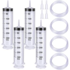 4 Pack Large Plastic Syringe with Handy Plastic Tubing and Luer Connections Large Syringes for Liquid Measuring Watering Refilling Feeding (300ml)