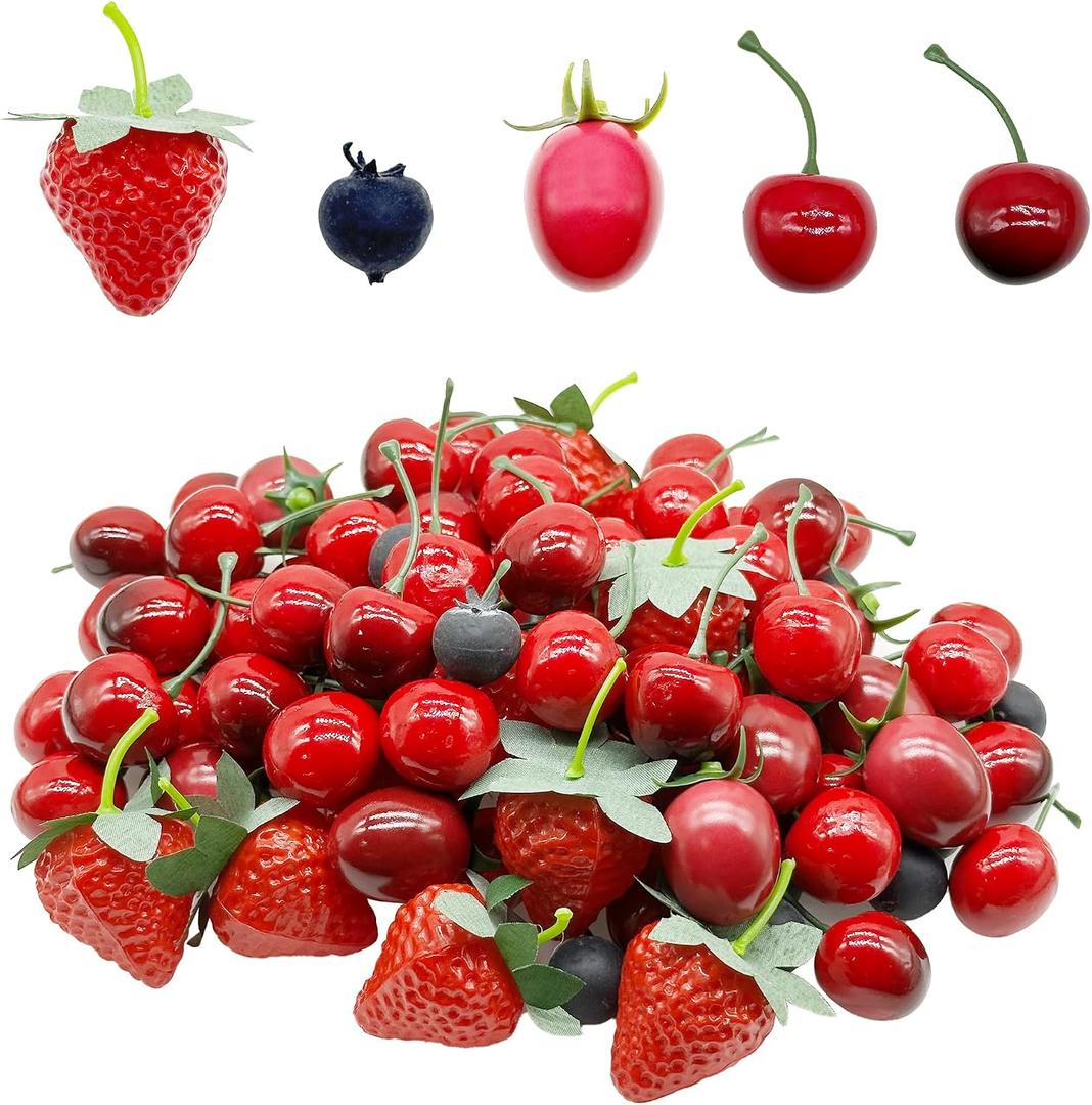 Woohome 100 PCS Fake Fruit Set, Artificial Cherry Strawberry Blueberry, Decorative Fruit for Fruit Wine Decor Faux Fruit Props